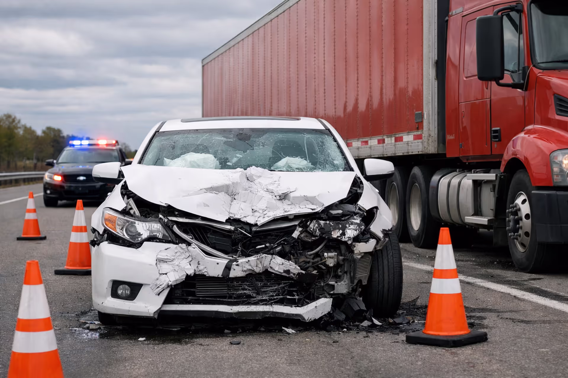 Crashed white sedan next to a red semi-truck on a highway after a collision with emergency lights in the background
