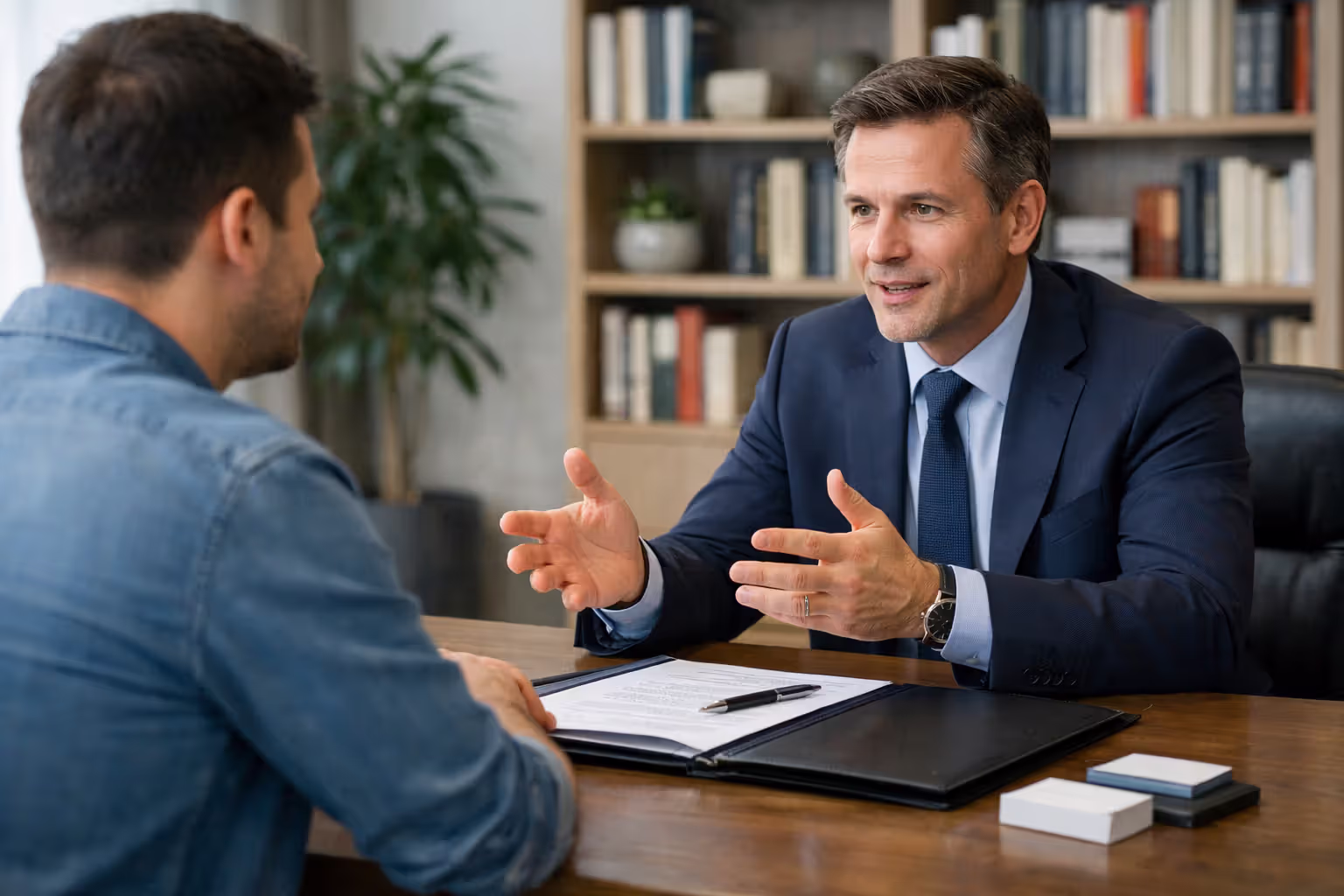 Client meeting with a truck accident attorney during an initial consultation in a modern law office