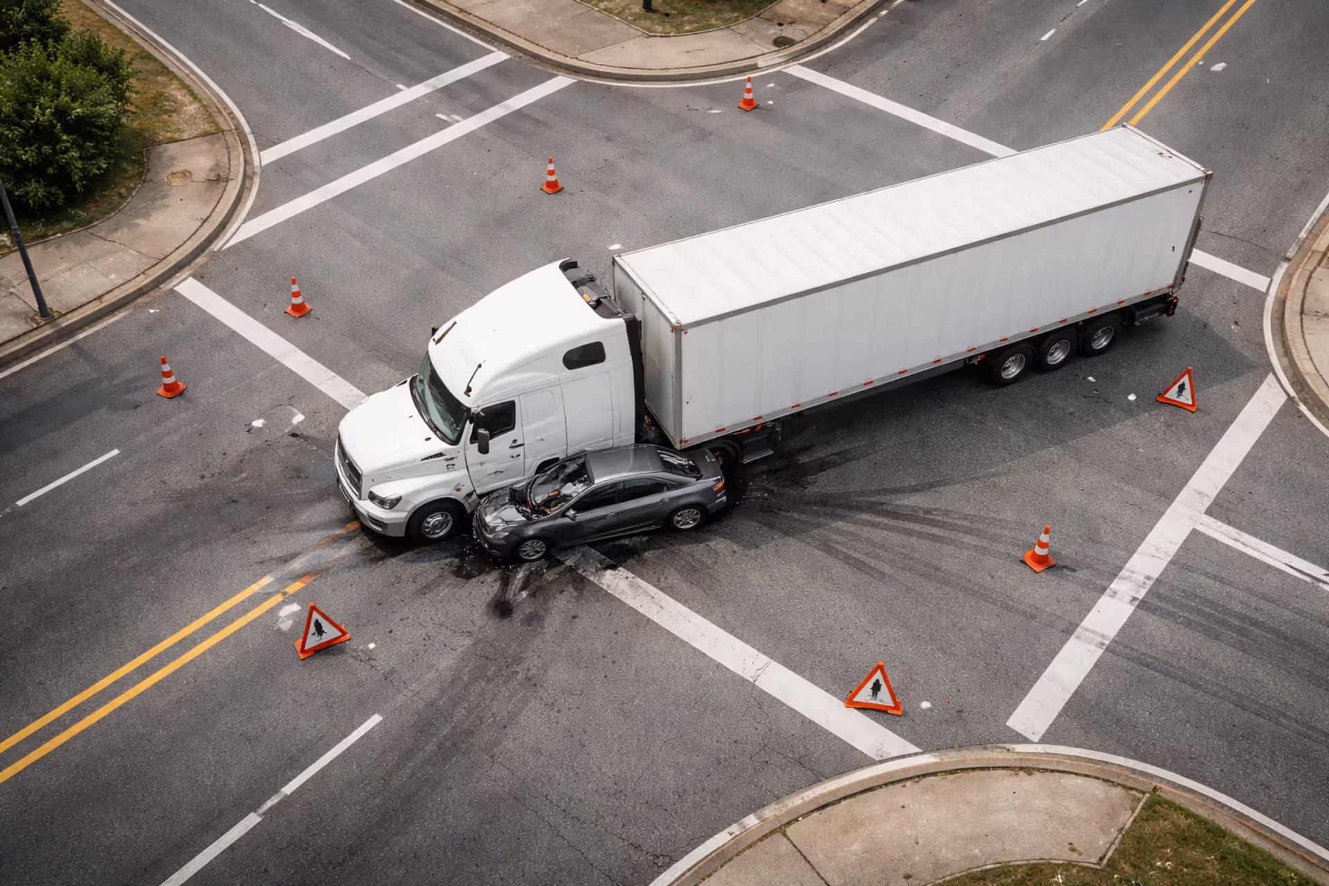 Aerial view of a semi-truck collision with a passenger car at an intersection with skid marks and emergency cones