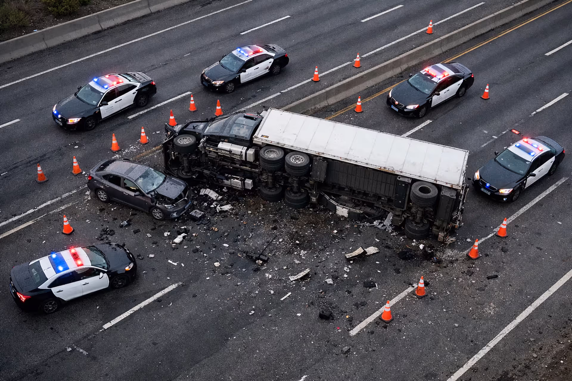 Aerial view of a commercial truck accident scene on a highway with an overturned tractor-trailer, damaged passenger car, and emergency vehicles
