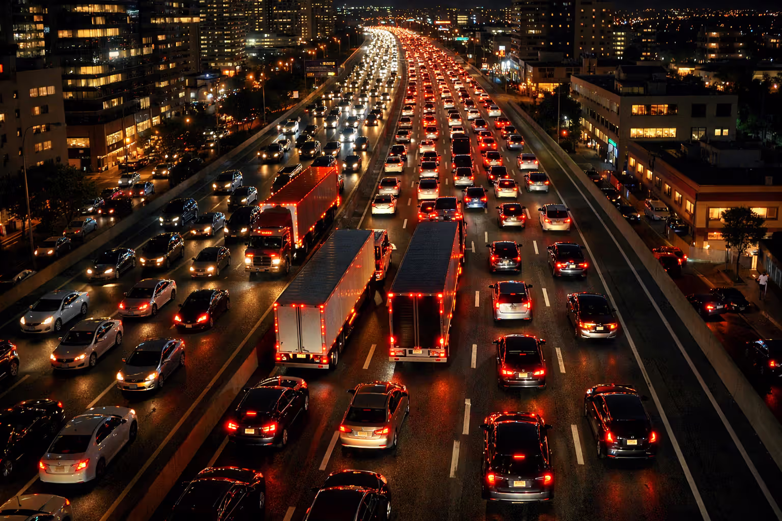 Aerial nighttime view of busy multi-lane highway with semi-trucks and cars in dense urban area showing high-traffic risk environment