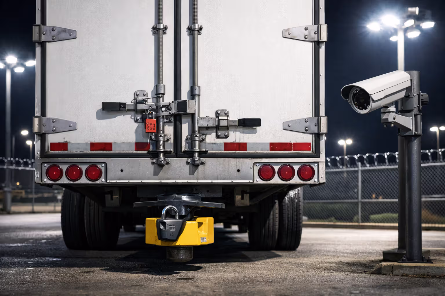 Secured semi-trailer at night in lit truck lot with numbered seal, king-pin lock, and security camera visible