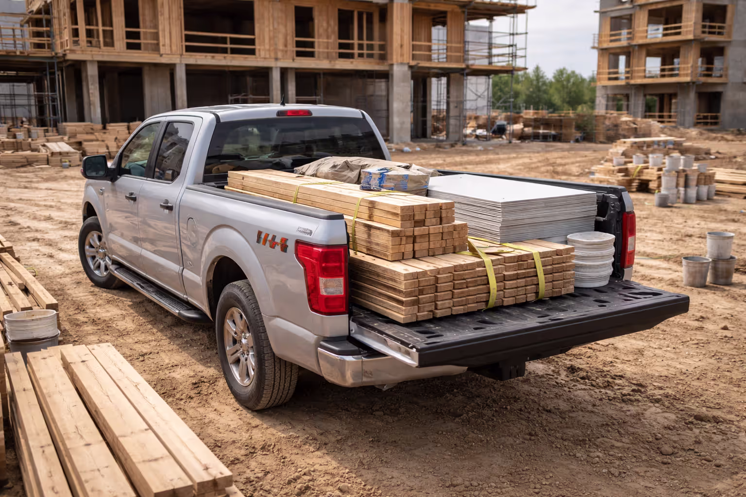 Pickup truck loaded with construction materials including drywall and lumber at a job site