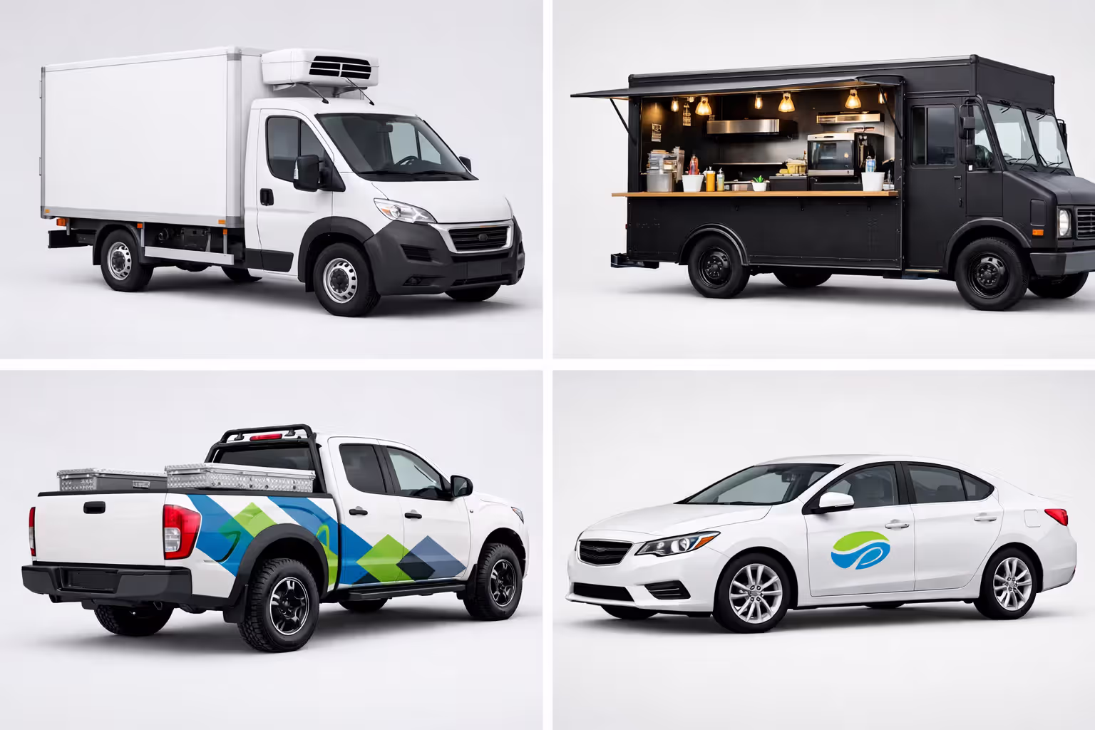 Four types of commercial vehicles requiring business insurance: refrigerated van, food truck, branded pickup truck, and company sedan