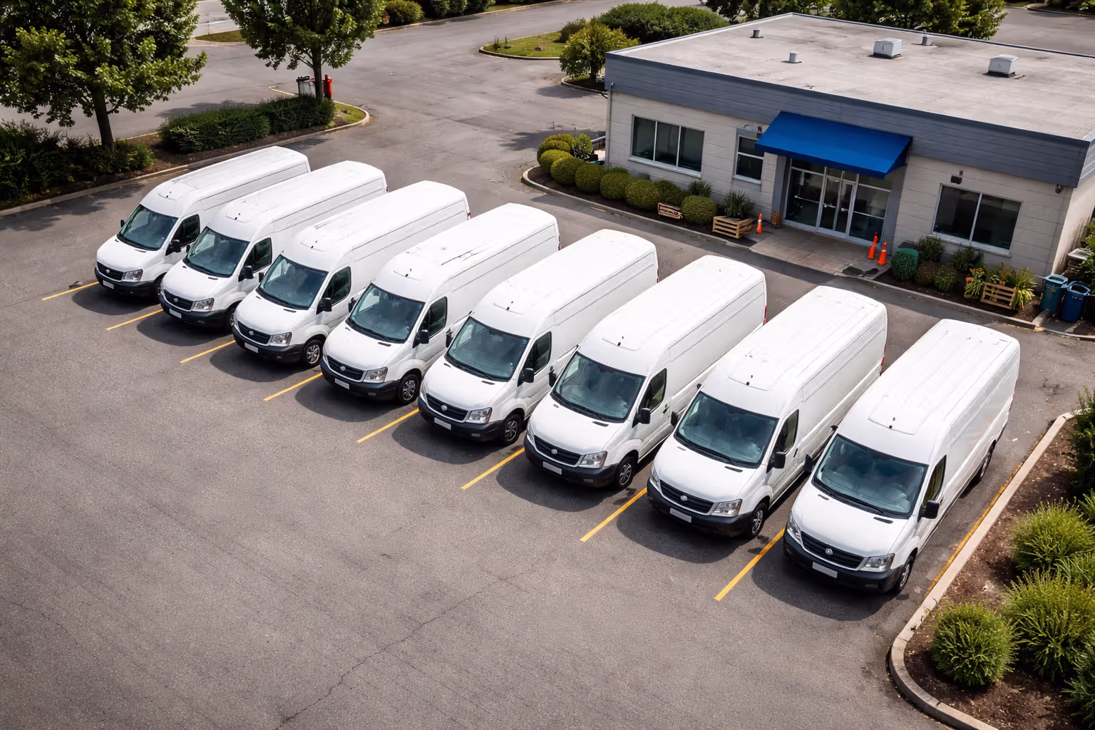 Aerial view of a commercial fleet of white delivery vans parked in a row at a business facility