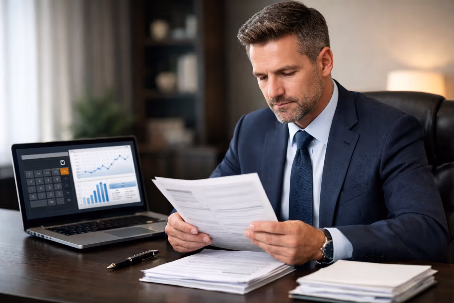 Business owner at a desk reviewing commercial vehicle insurance policy documents with a laptop showing cost calculations