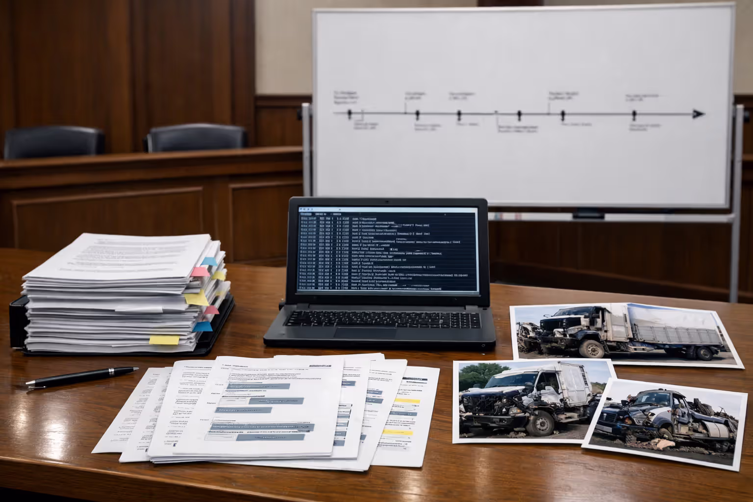 Attorney’s litigation desk with organized trucking evidence including driver logs, maintenance records, dispatch messages printouts, and crash photos