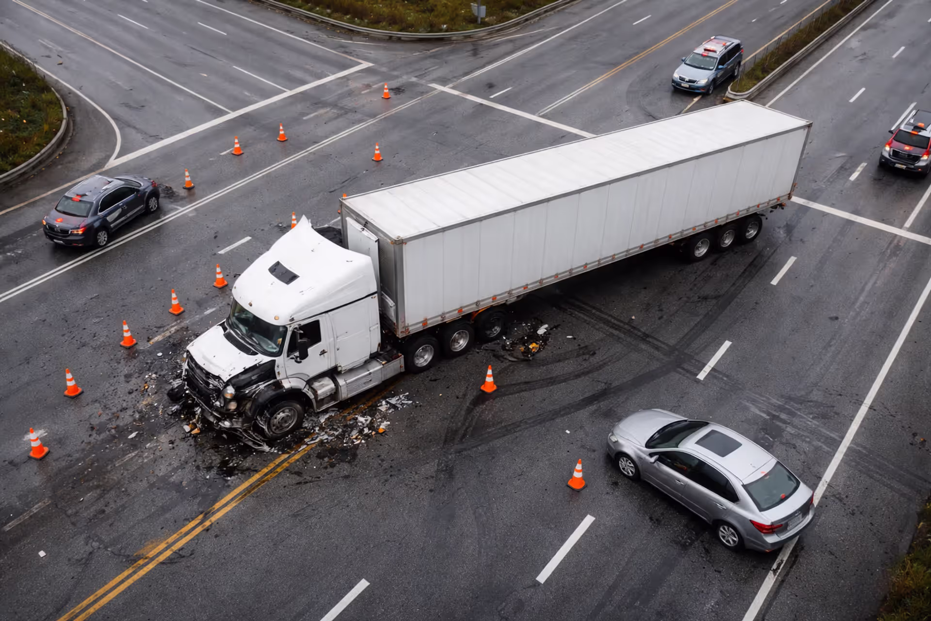 Aerial view of a highway intersection with a damaged semi-truck and a crashed passenger car surrounded by emergency cones and skid marks