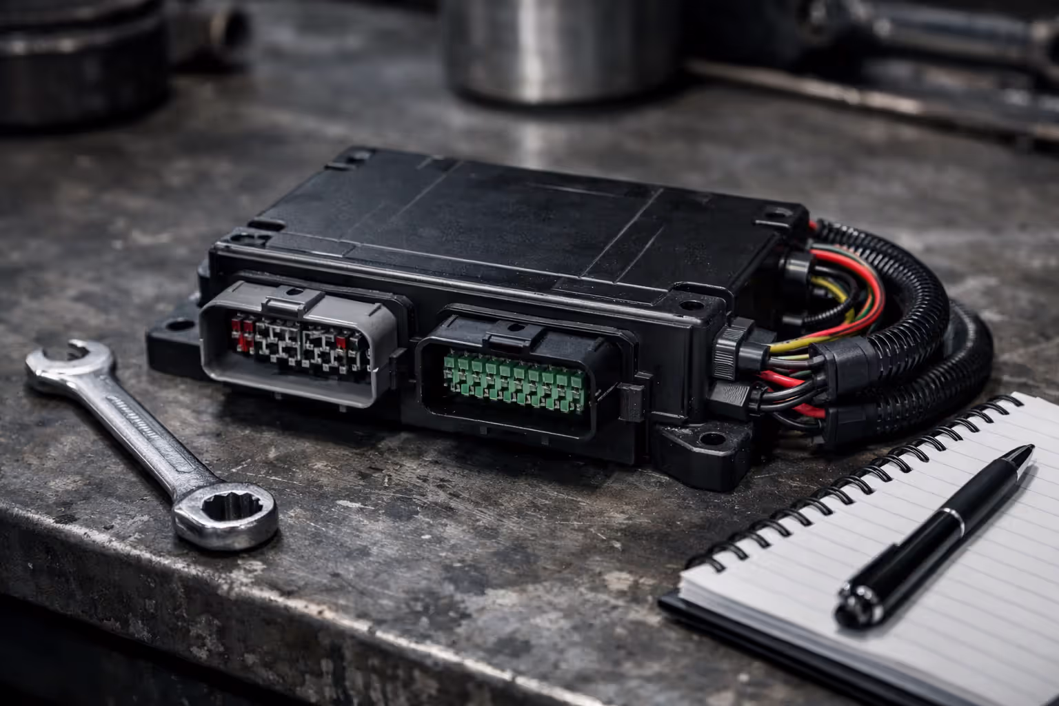Commercial truck electronic control module black box device on a workshop bench