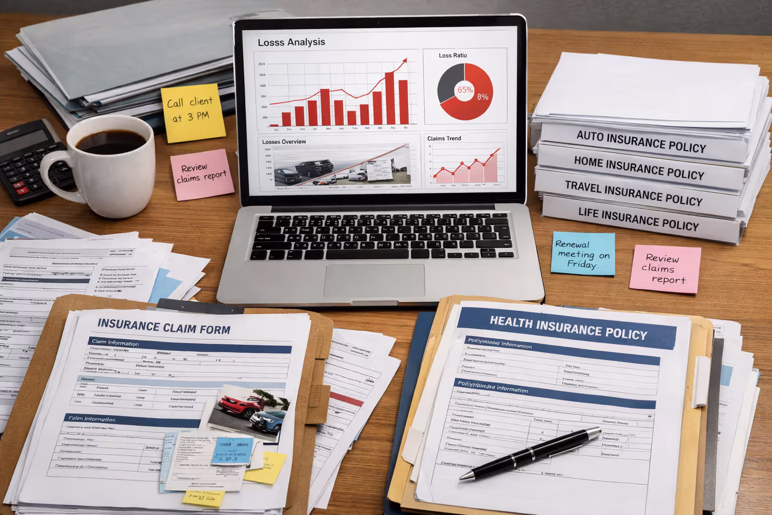 Insurance analyst desk with multiple policy folders laptop with loss charts and coffee cup