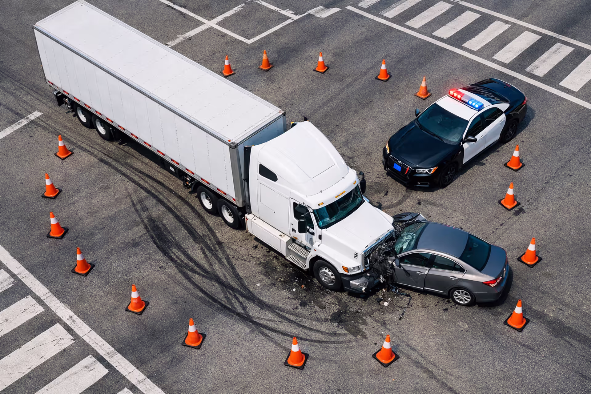 Aerial view of a commercial truck collision with a passenger car at an intersection with police vehicle and road cones