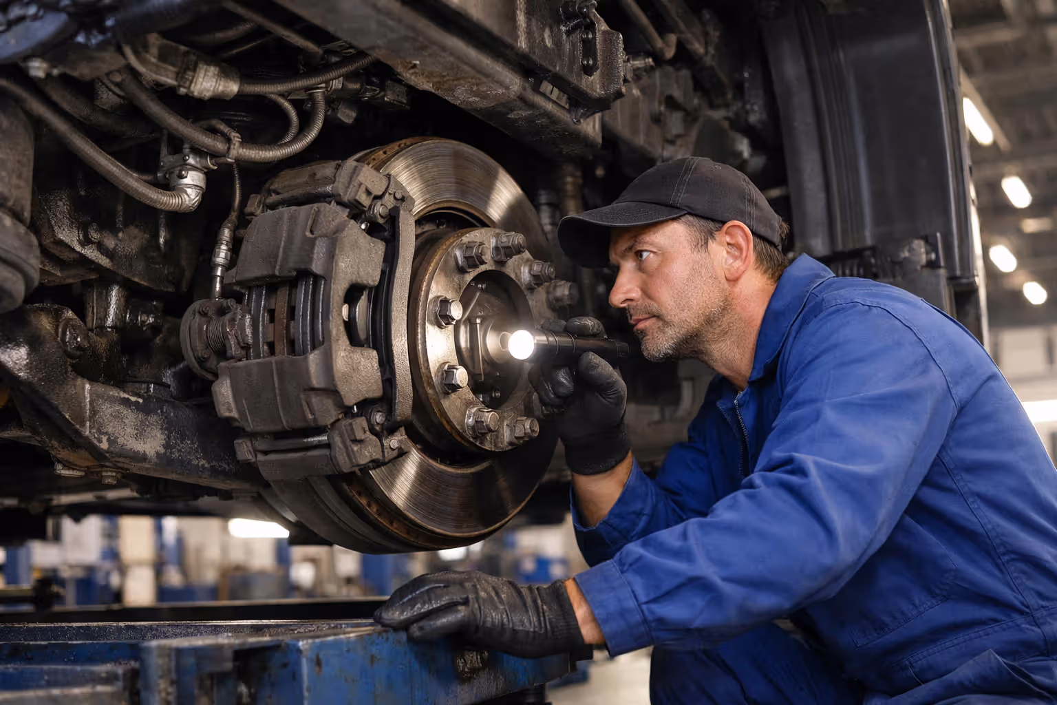 Mechanic in blue coveralls inspecting truck brake system components with flashlight underneath lifted commercial vehicle in repair shop