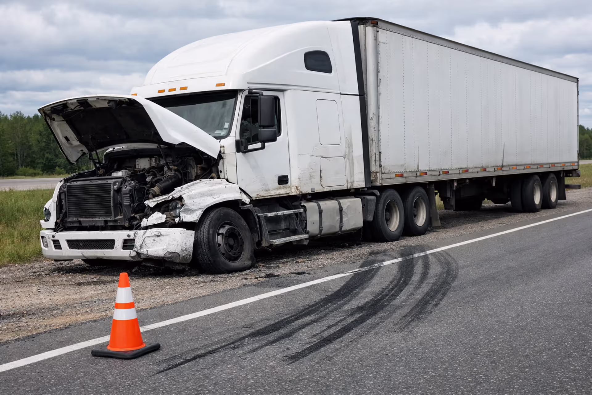 Damaged semi-truck with flat tire and open hood parked on highway shoulder with emergency cone