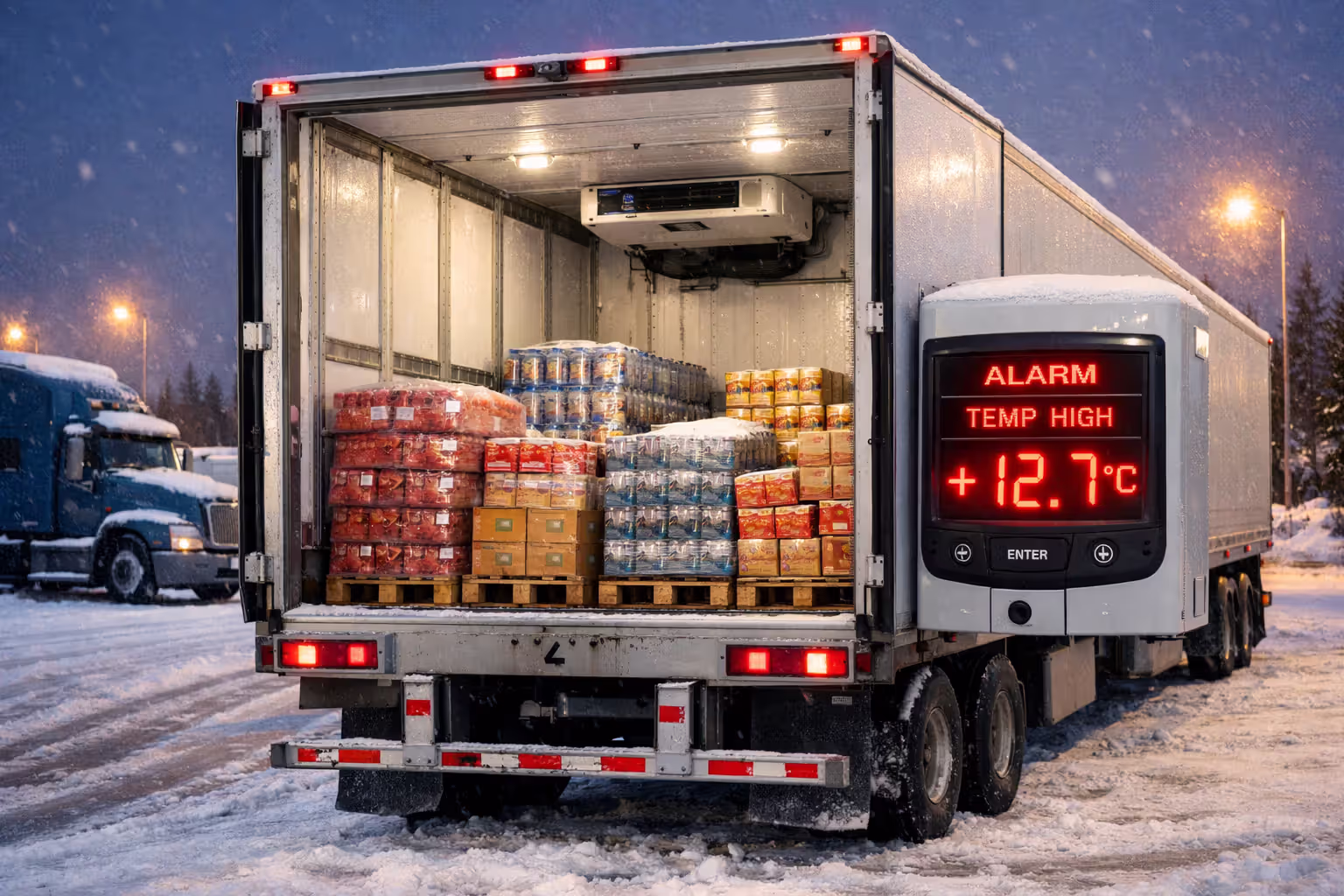 Refrigerated trailer with open doors showing food cargo and a temperature controller displaying a red warning alert