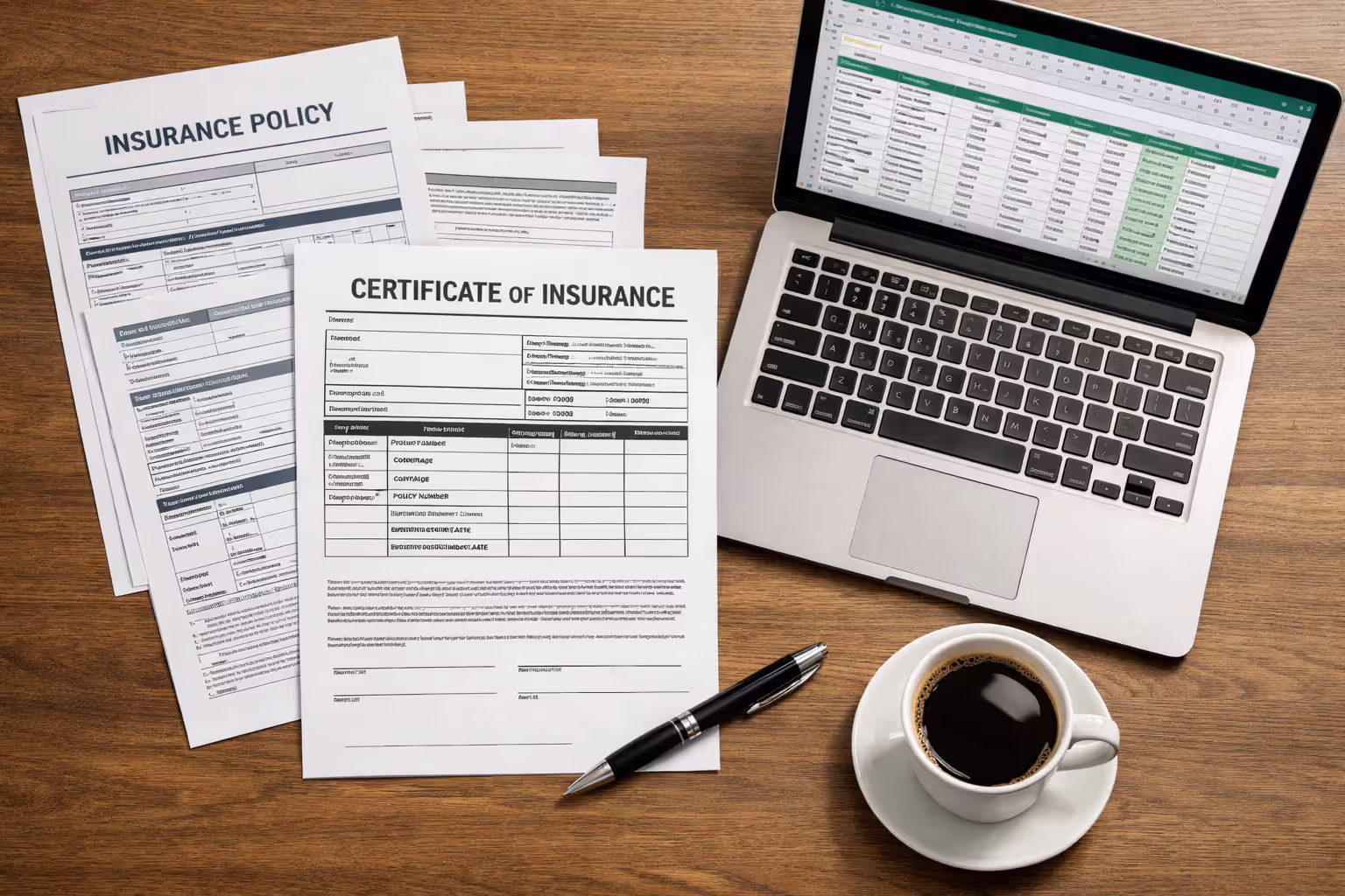 Fleet manager desk with insurance policy documents, certificate of insurance, laptop with spreadsheet, and coffee cup seen from above