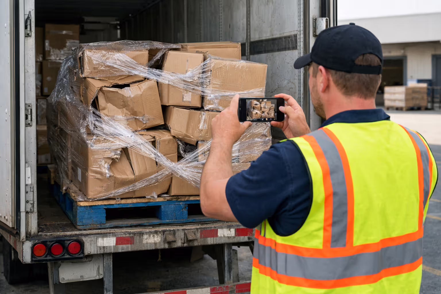 Truck driver in reflective vest photographing damaged cargo boxes on a pallet at a warehouse loading dock using a smartphone