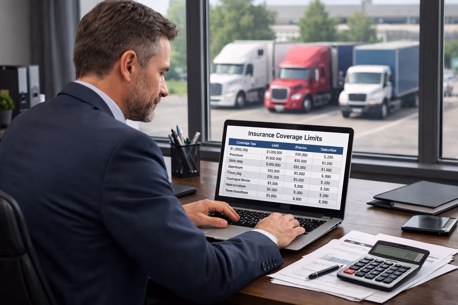 Business owner at desk reviewing insurance coverage limits on laptop with truck fleet visible through office window