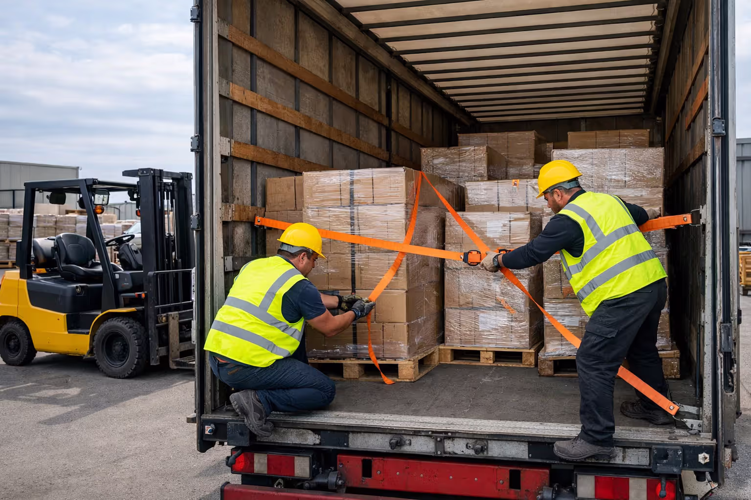 Workers in safety vests securing cargo with ratchet straps inside an open semi-trailer at a warehouse loading dock with a forklift nearby