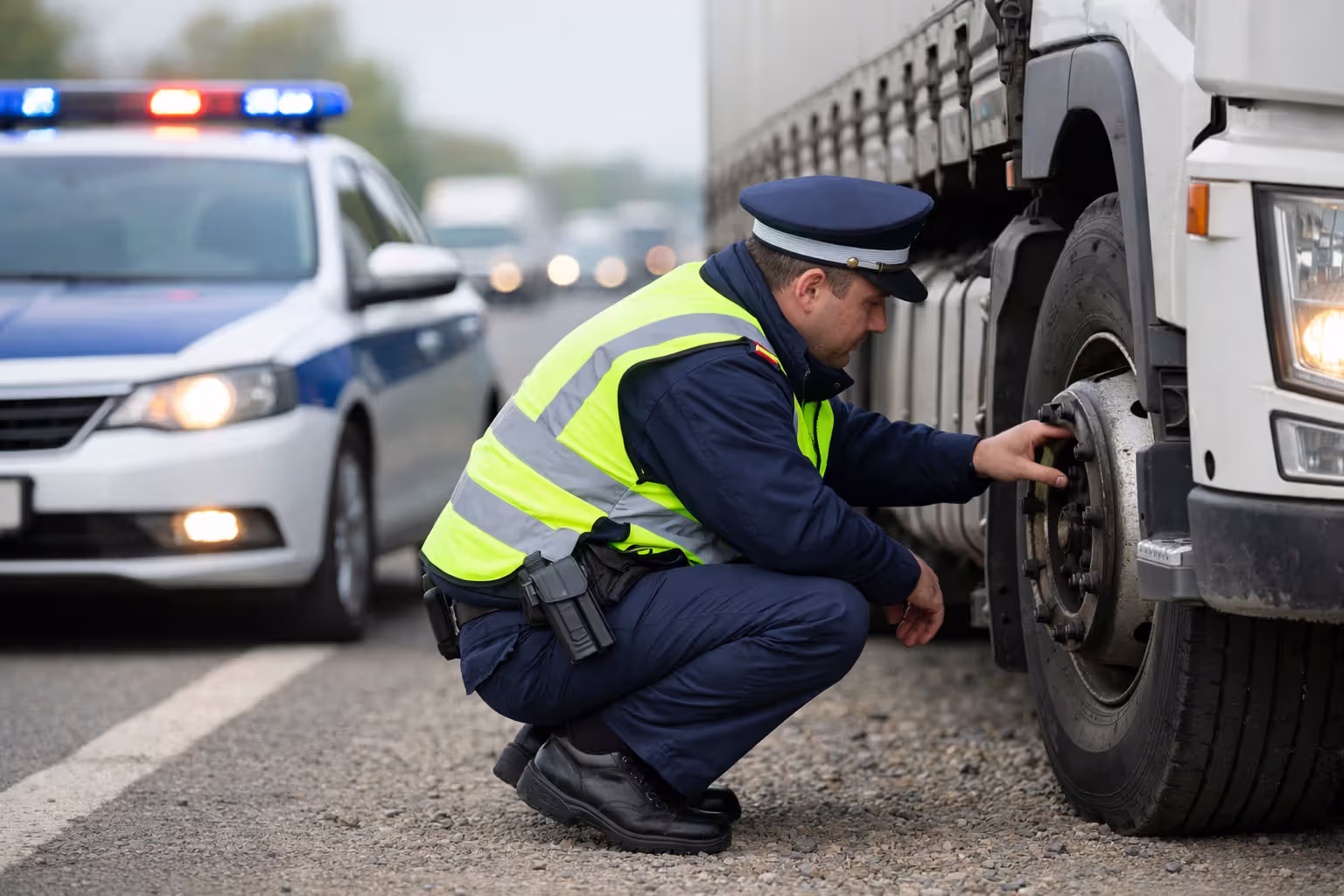 DOT officer inspecting commercial truck brakes during a roadside safety inspection on a highway