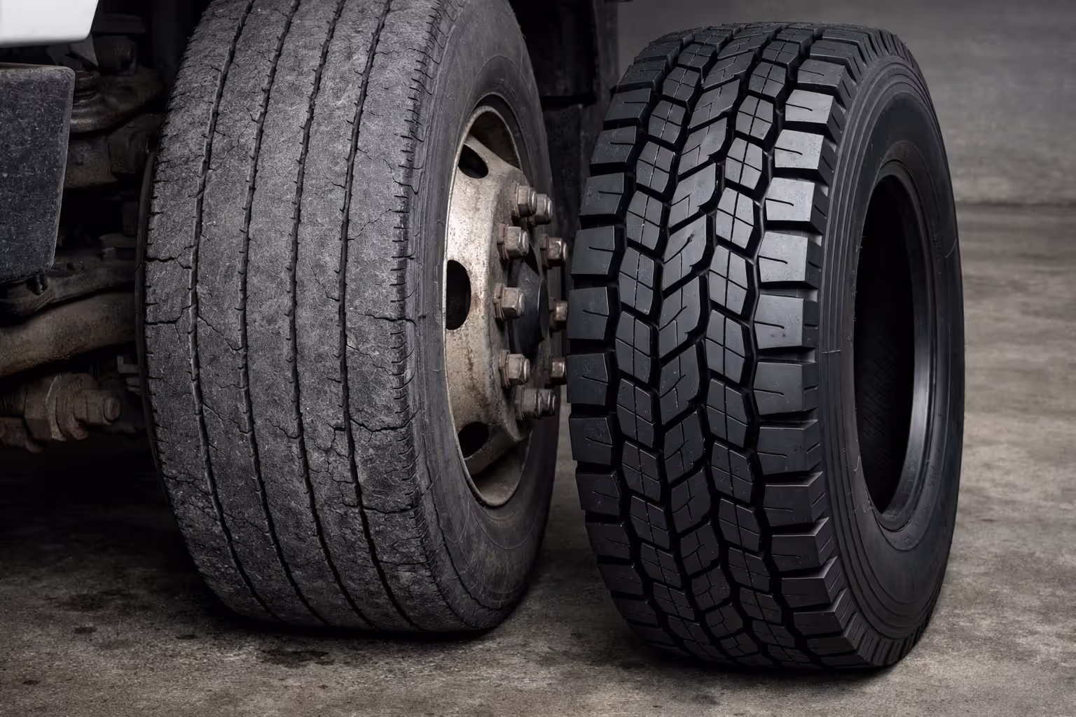 Close-up comparison of worn commercial truck tire with visible cracks next to a new tire with full tread depth