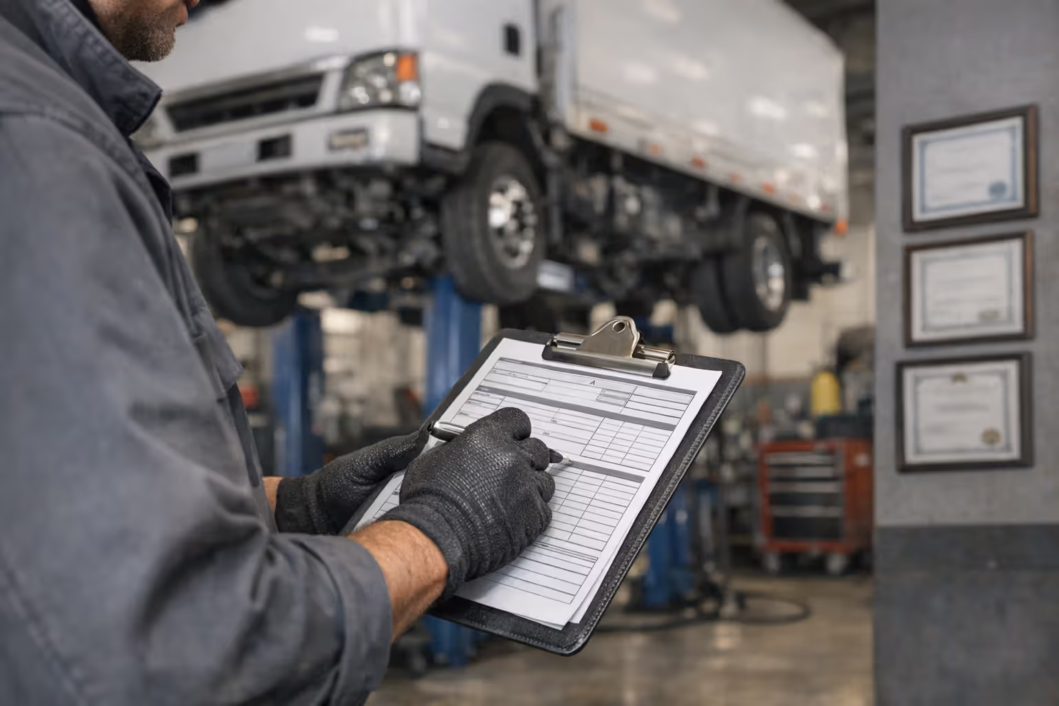 Truck mechanic filling out detailed maintenance work order on clipboard with commercial vehicle lifted on hoist in background