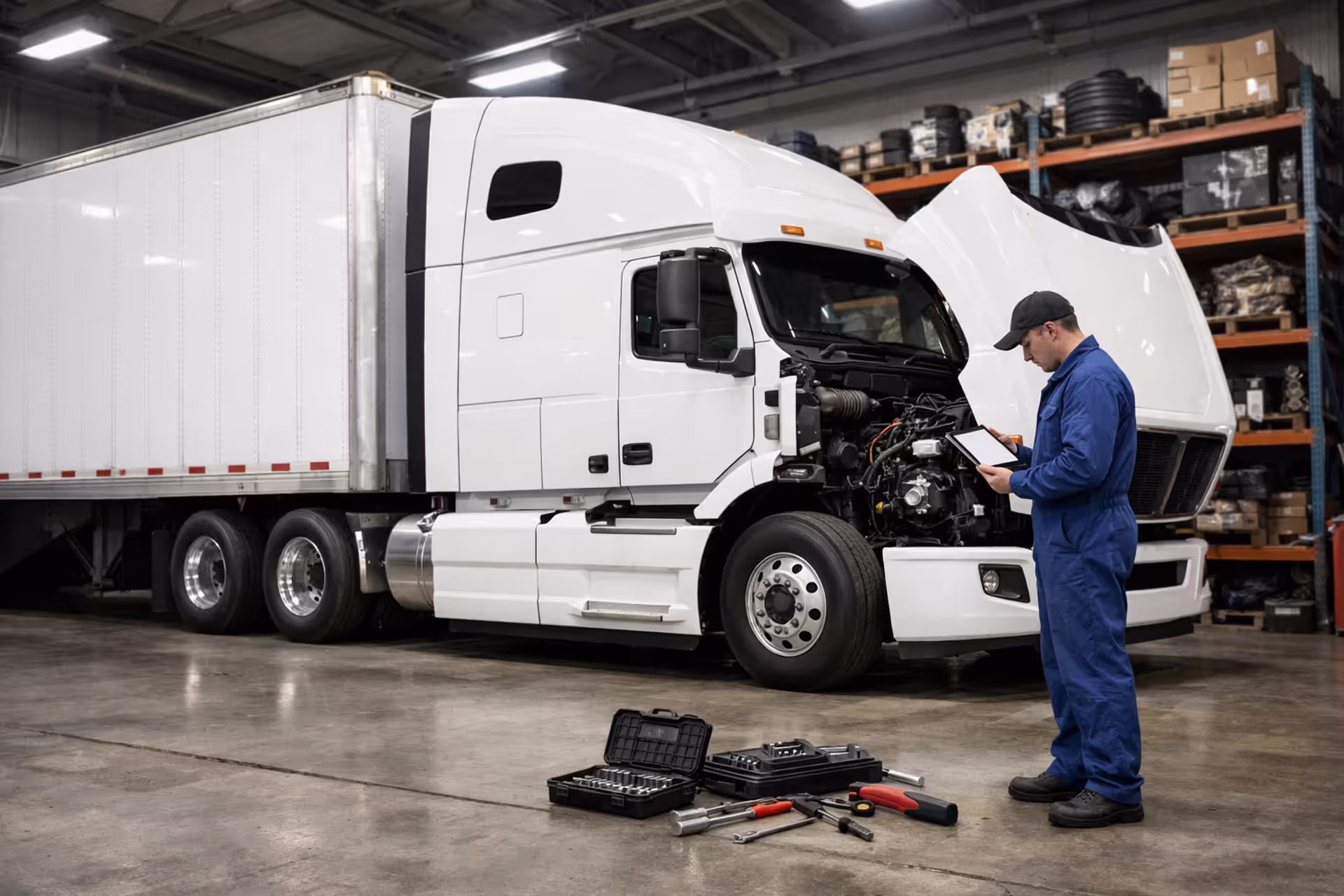 Mechanic with inspection checklist standing next to a semi-truck in a maintenance garage