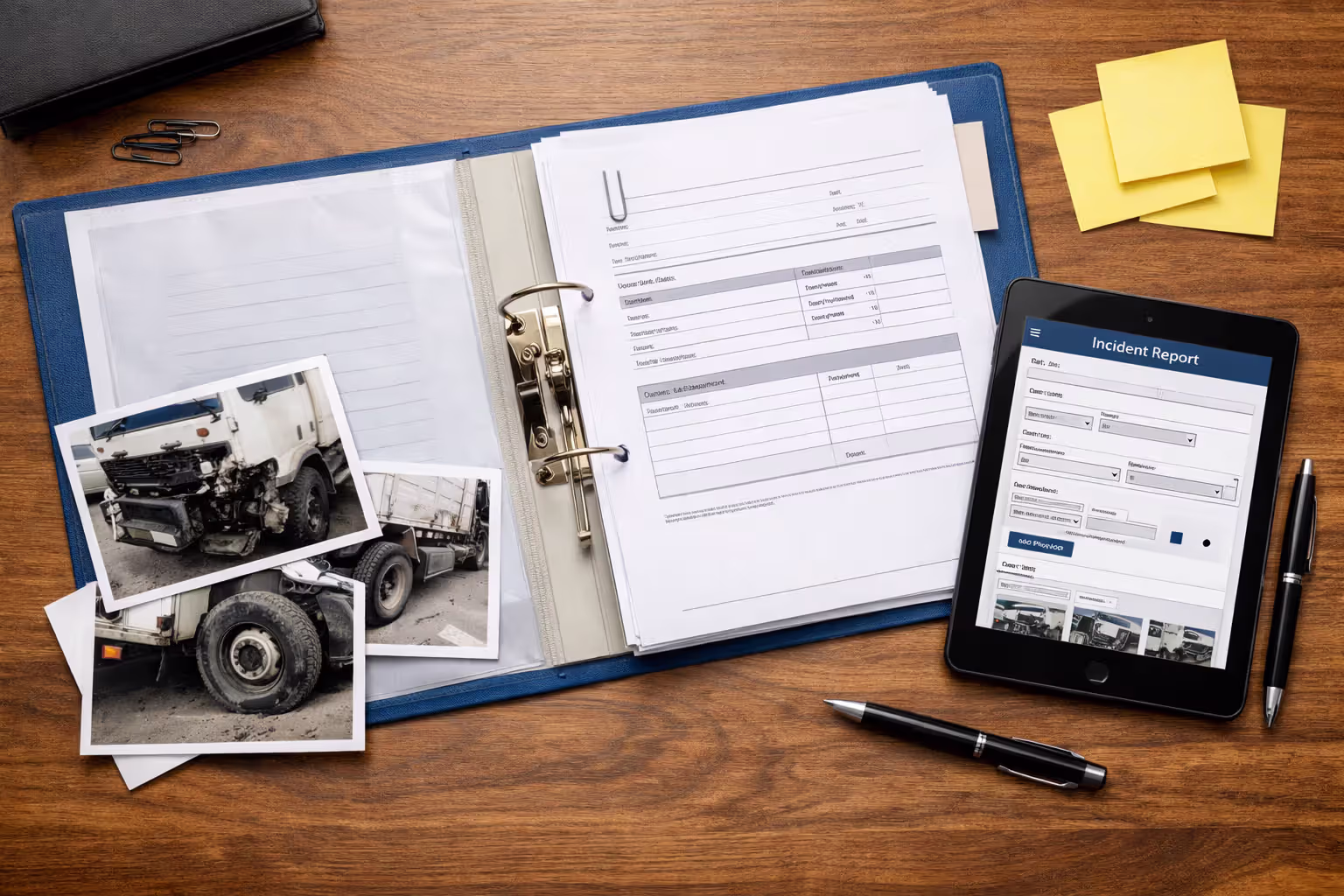 Top-down view of a safety manager desk with crash documentation folder, vehicle damage photos, tablet with report form, and reminder notes