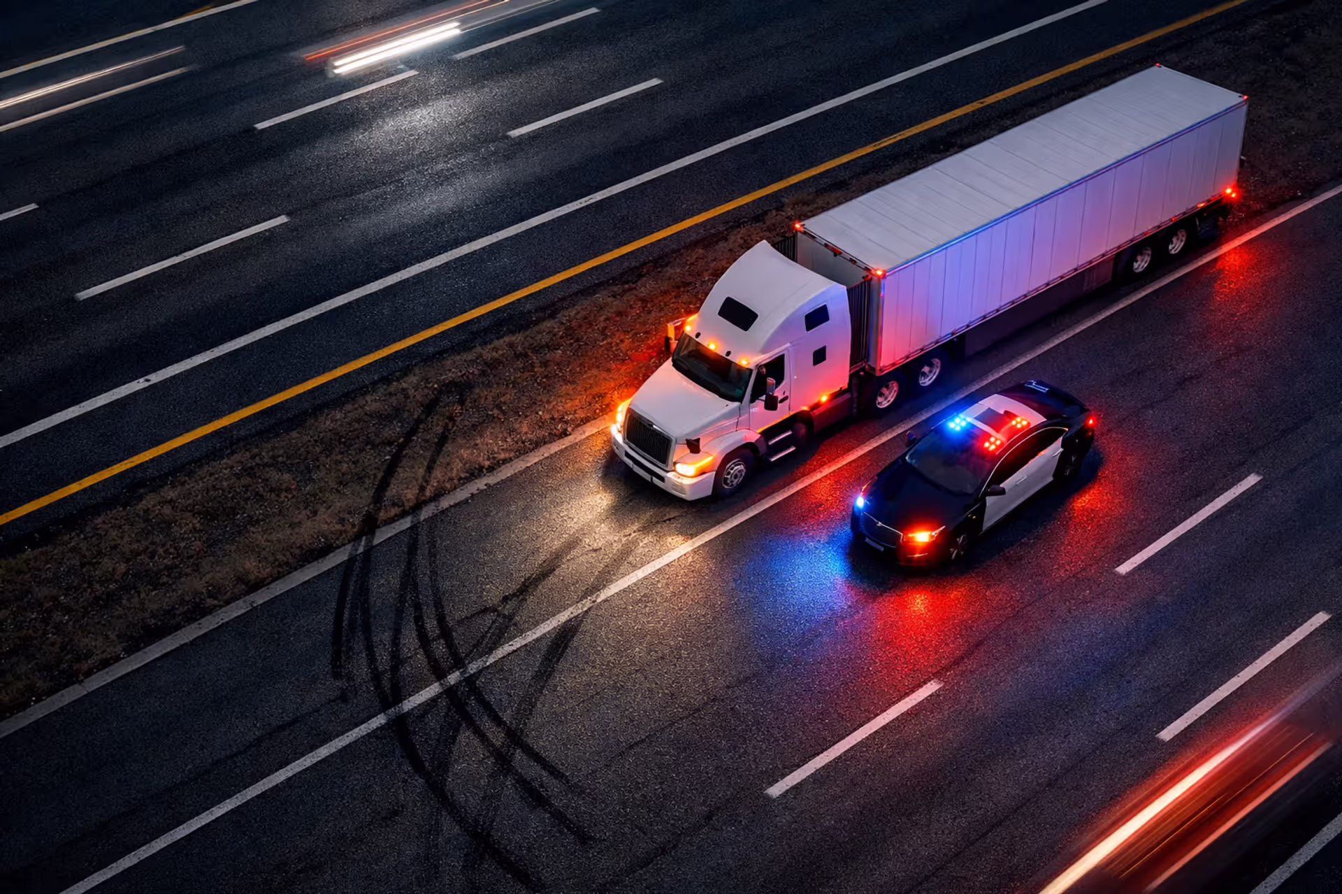 Aerial view of a semi-truck stopped on a highway shoulder at night with emergency lights and a police vehicle nearby