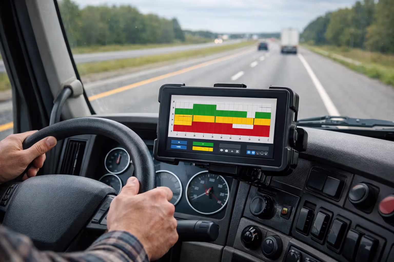 Electronic logging device ELD screen showing hours of service graph mounted on truck dashboard