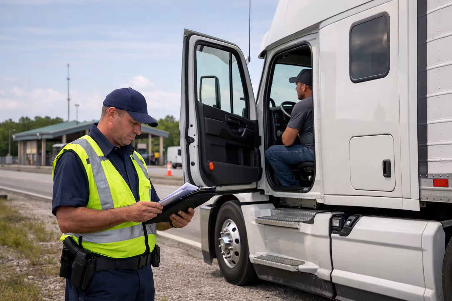 DOT inspector in reflective vest reviewing documents on a tablet next to a stopped semi-truck at a highway weigh station during daytime inspection