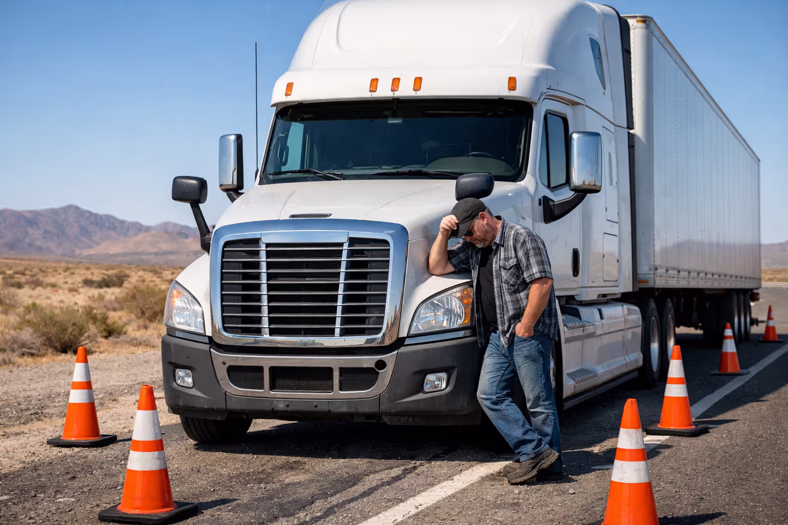 Semi-truck parked on highway shoulder with orange out-of-service sticker on windshield surrounded by traffic cones with frustrated driver standing nearby