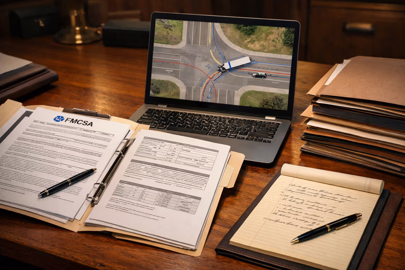 Lawyer desk with FMCSA regulation documents, laptop showing accident reconstruction diagram, case file folders, and a legal notepad