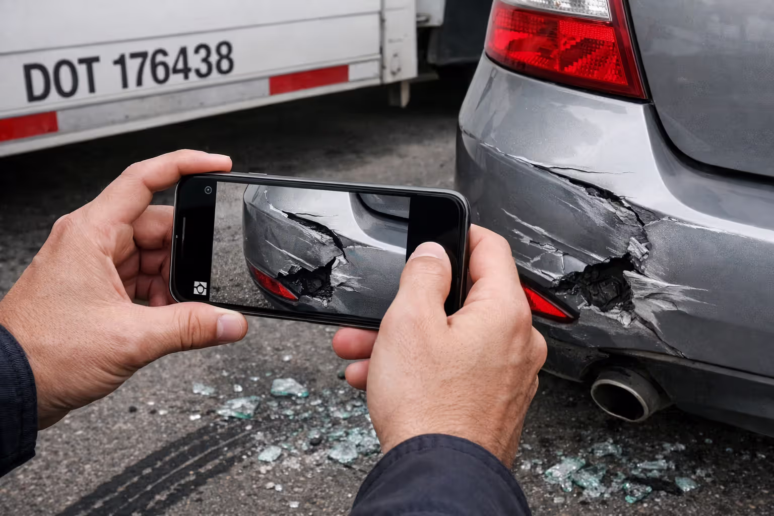 Hands holding a smartphone photographing damaged car bumper at a truck accident scene with DOT number visible on truck and glass debris on asphalt