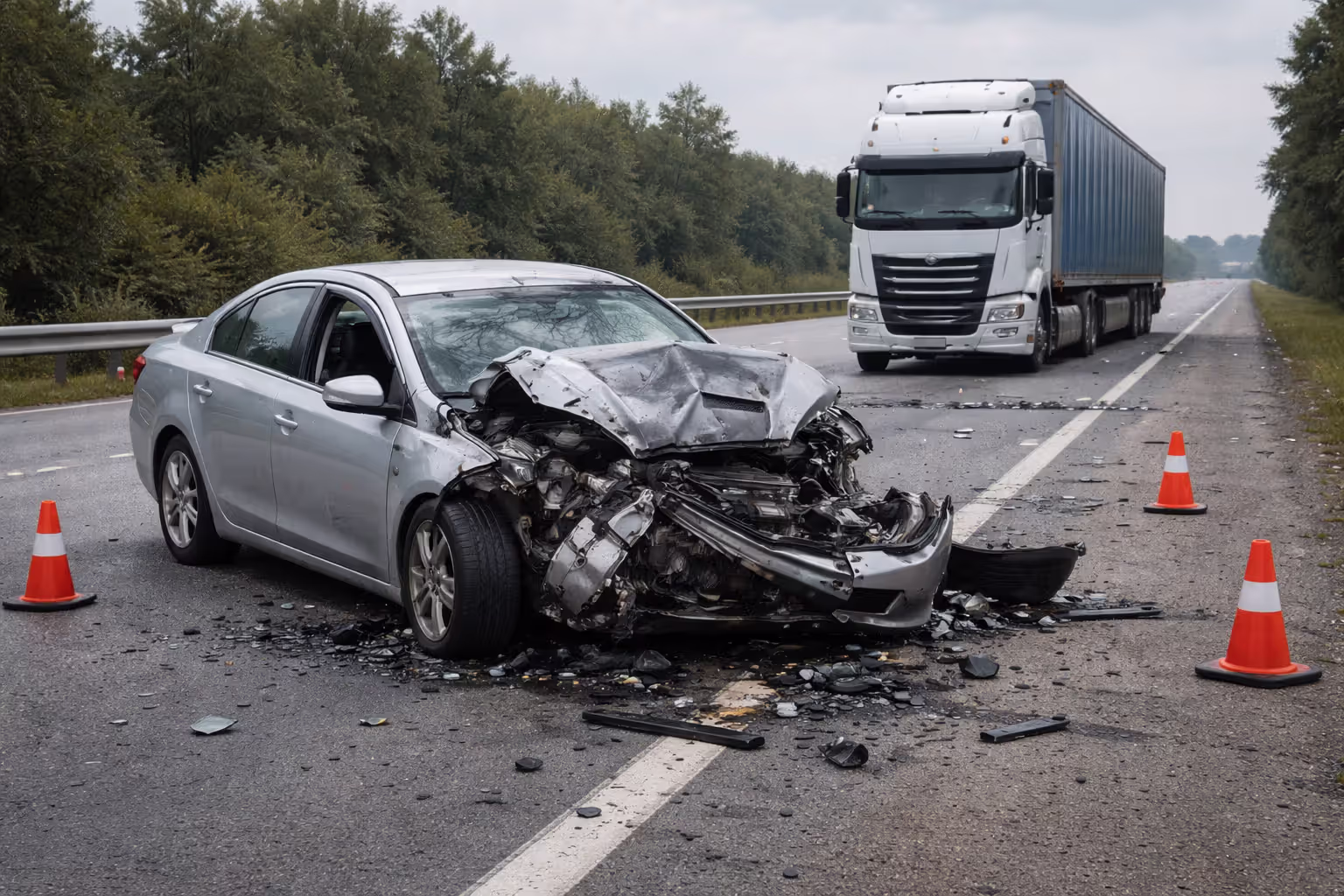 Severely damaged small silver car with crushed front end on highway shoulder next to a large semi truck with minimal damage after collision