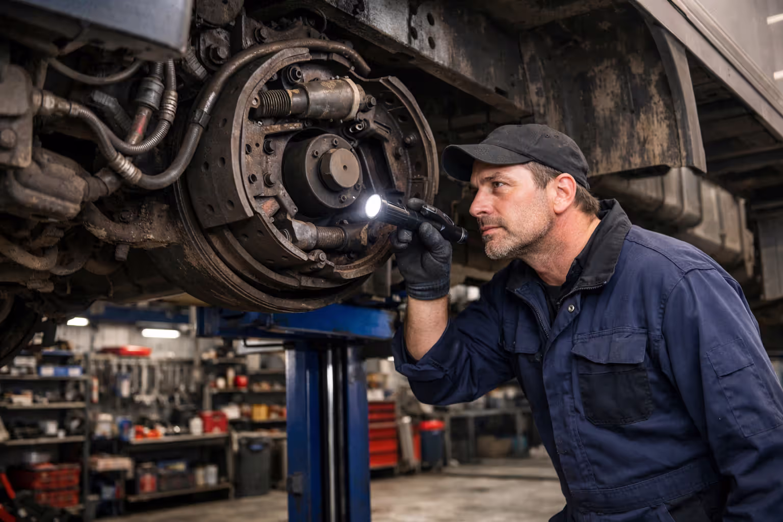 Mechanic inspecting brake system of a commercial semi truck on a lift in a professional service garage