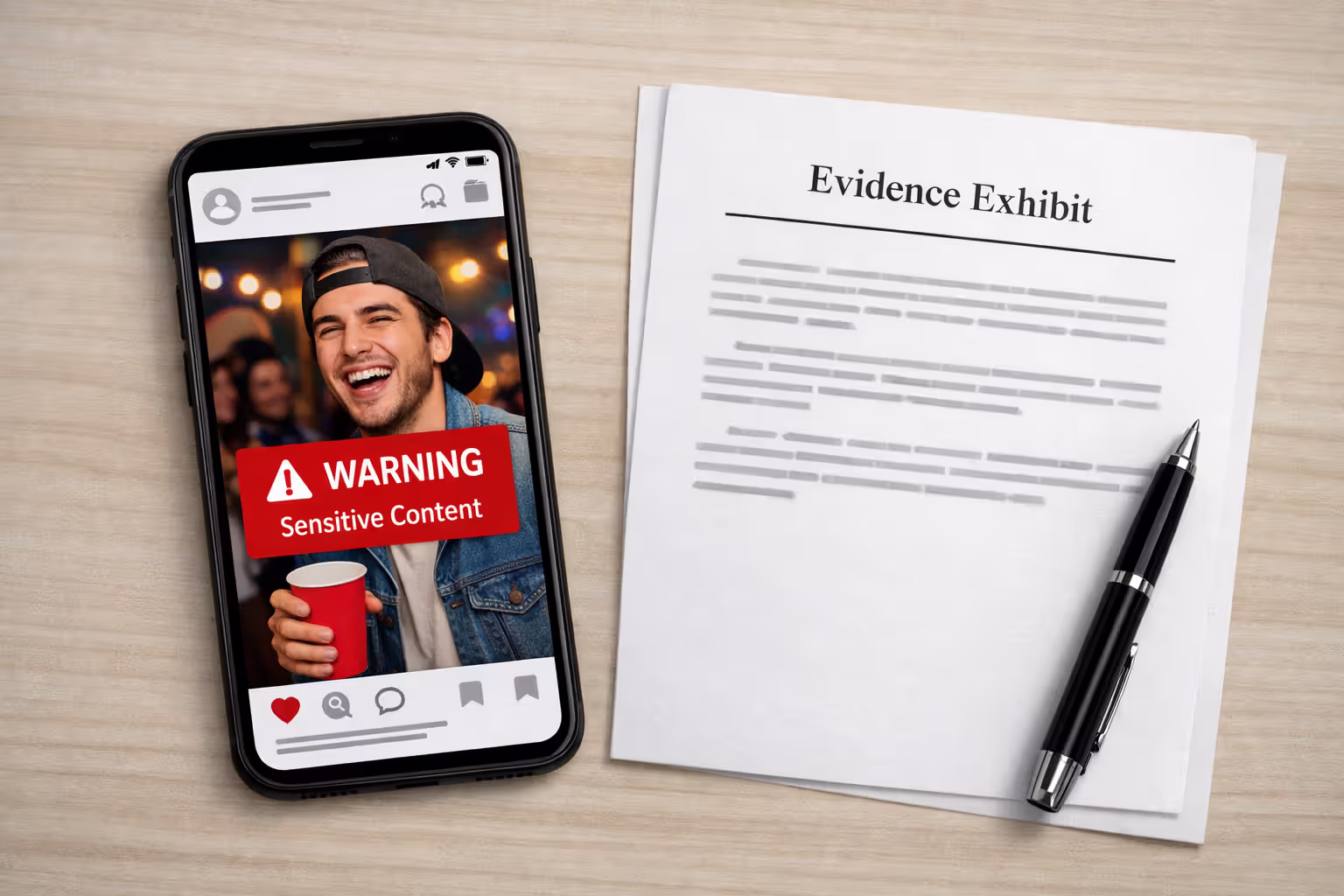 Smartphone showing social media post next to legal evidence document illustrating how social media can harm accident claims
