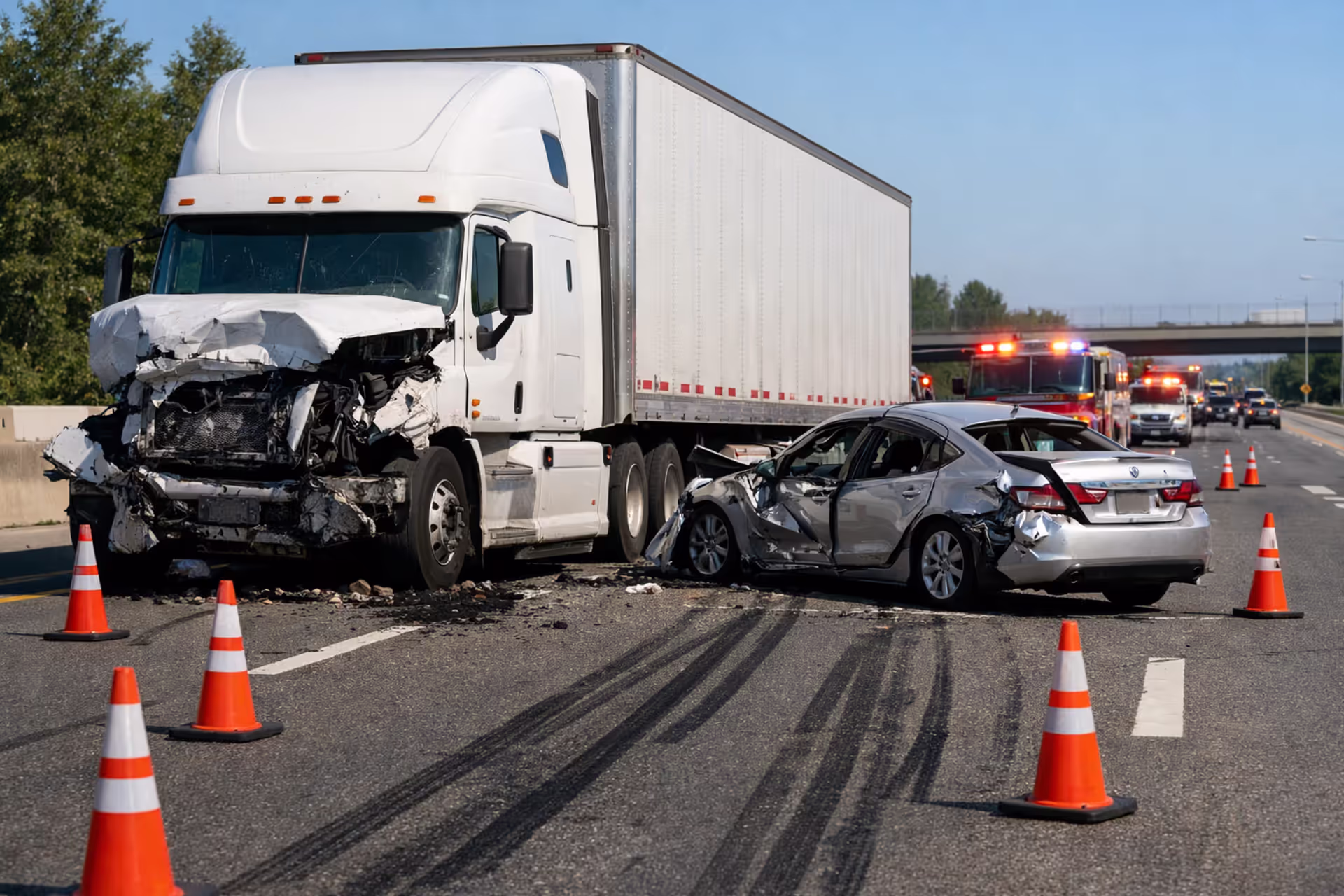 Severe highway collision scene between an 18-wheeler semi-truck and a crushed passenger sedan with skid marks on asphalt and emergency lights in the background