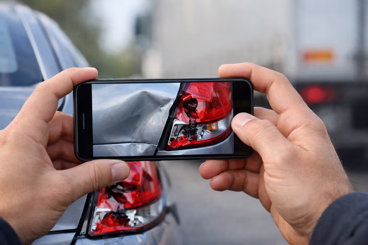 Person using smartphone to photograph vehicle damage at a truck accident scene for evidence documentation