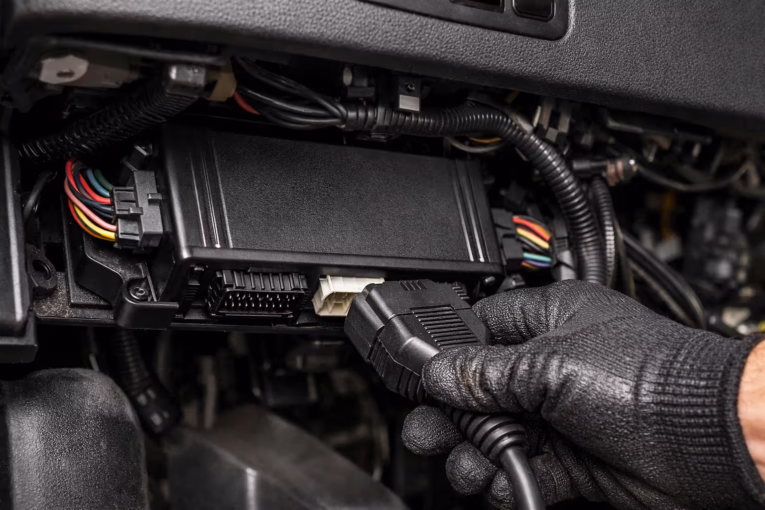 Electronic control module black box device inside a semi-truck cab with a technician connecting a diagnostic cable for data retrieval