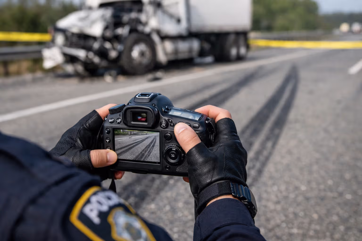 Police officer photographing skid marks on highway asphalt at a truck accident scene