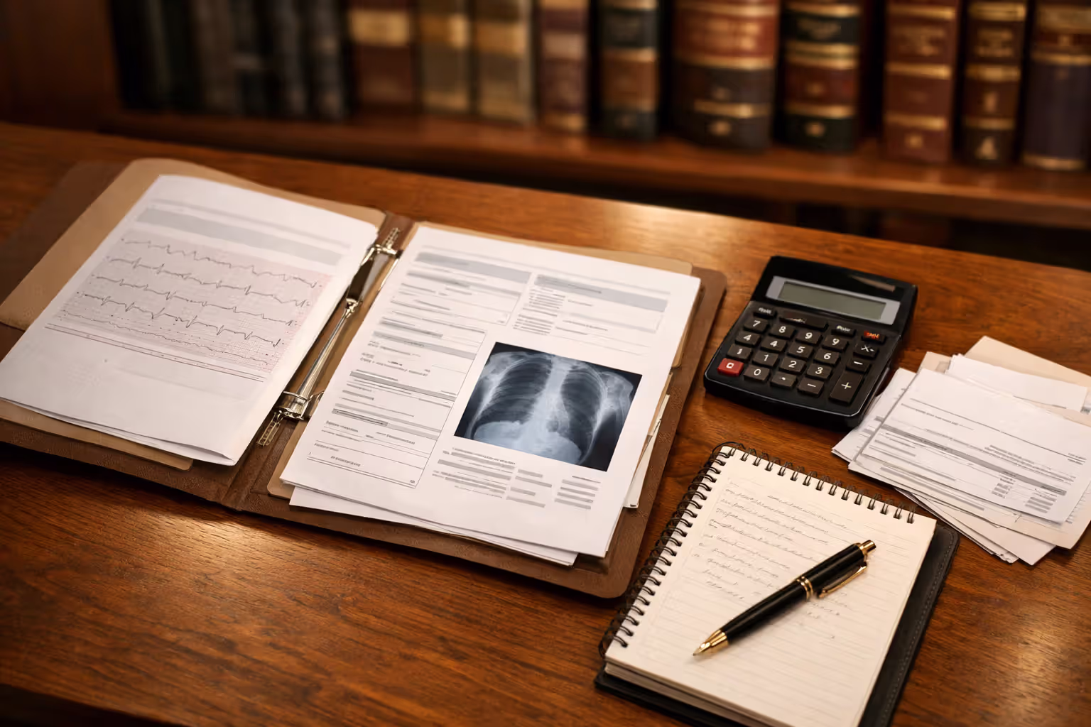 Lawyer desk with medical documents, calculator, and billing statements representing truck accident damage calculation and case preparation