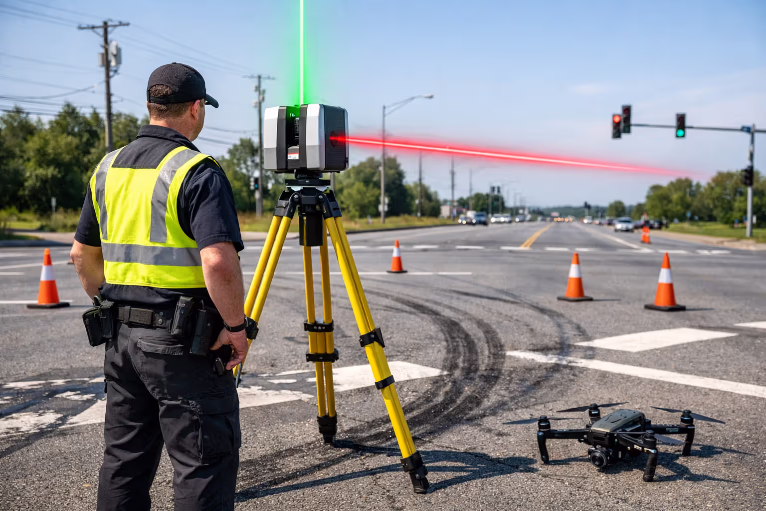 Accident reconstruction specialist using 3D laser scanner and drone at a road crash investigation site
