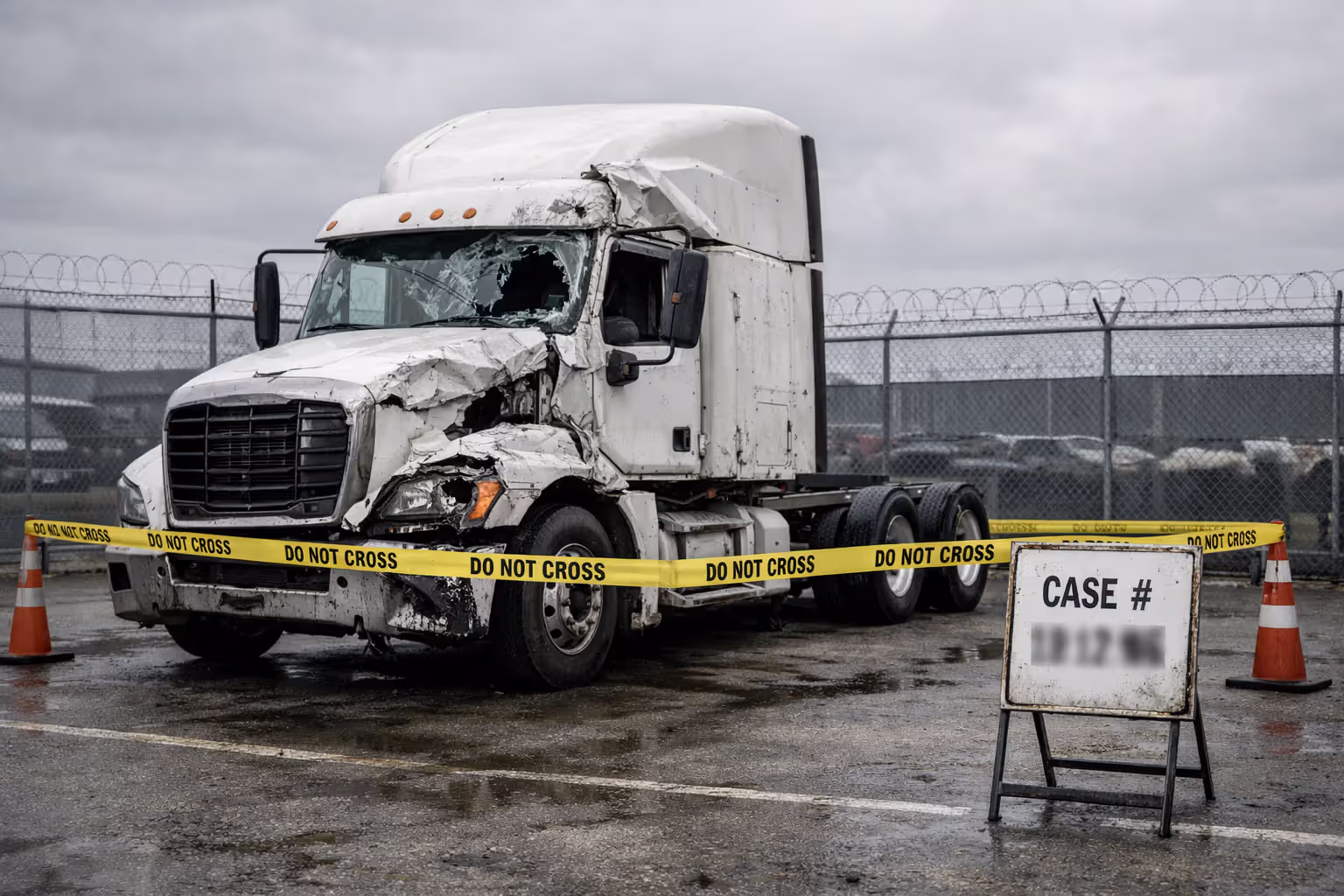 Damaged semi-truck cab secured behind caution tape at an impound lot awaiting investigation