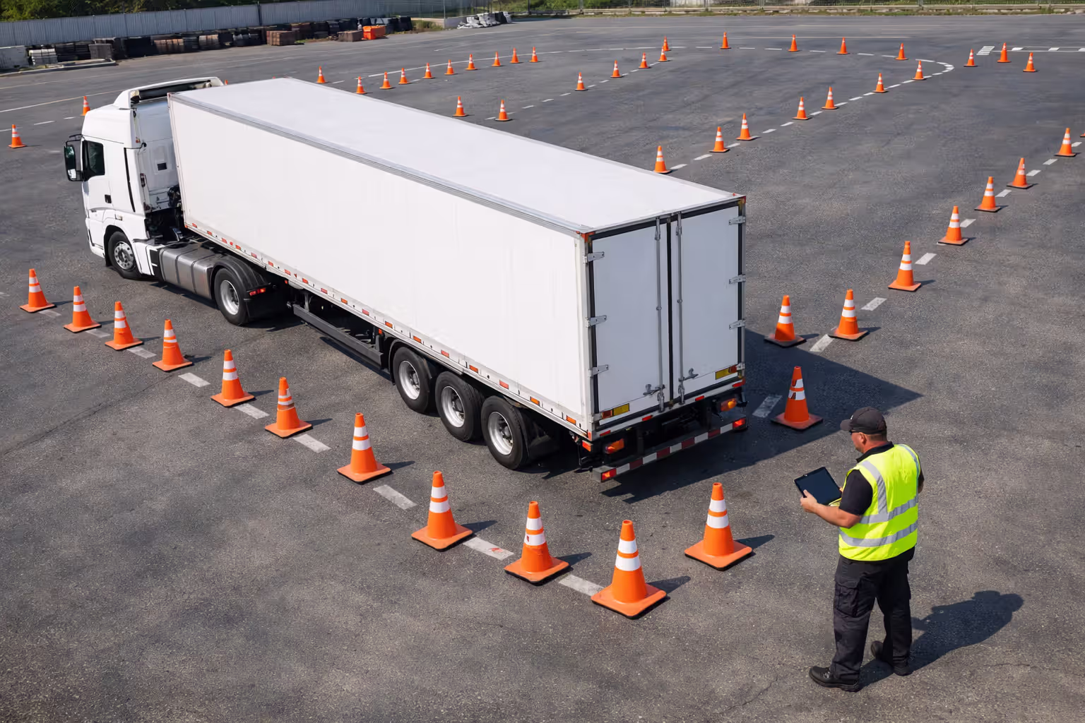 Truck driver practicing backing maneuver with trailer between cones on training range while instructor observes