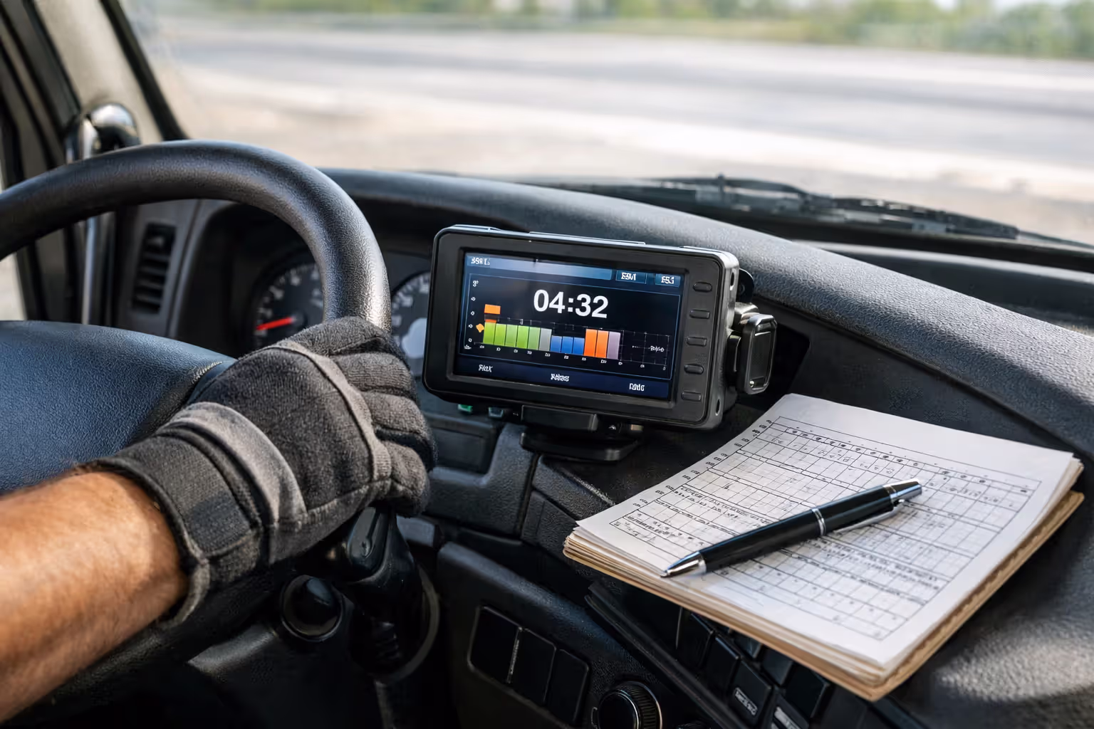 Close-up of truck cab dashboard showing an electronic logging device screen next to a paper logbook and driver’s gloved hand on steering wheel