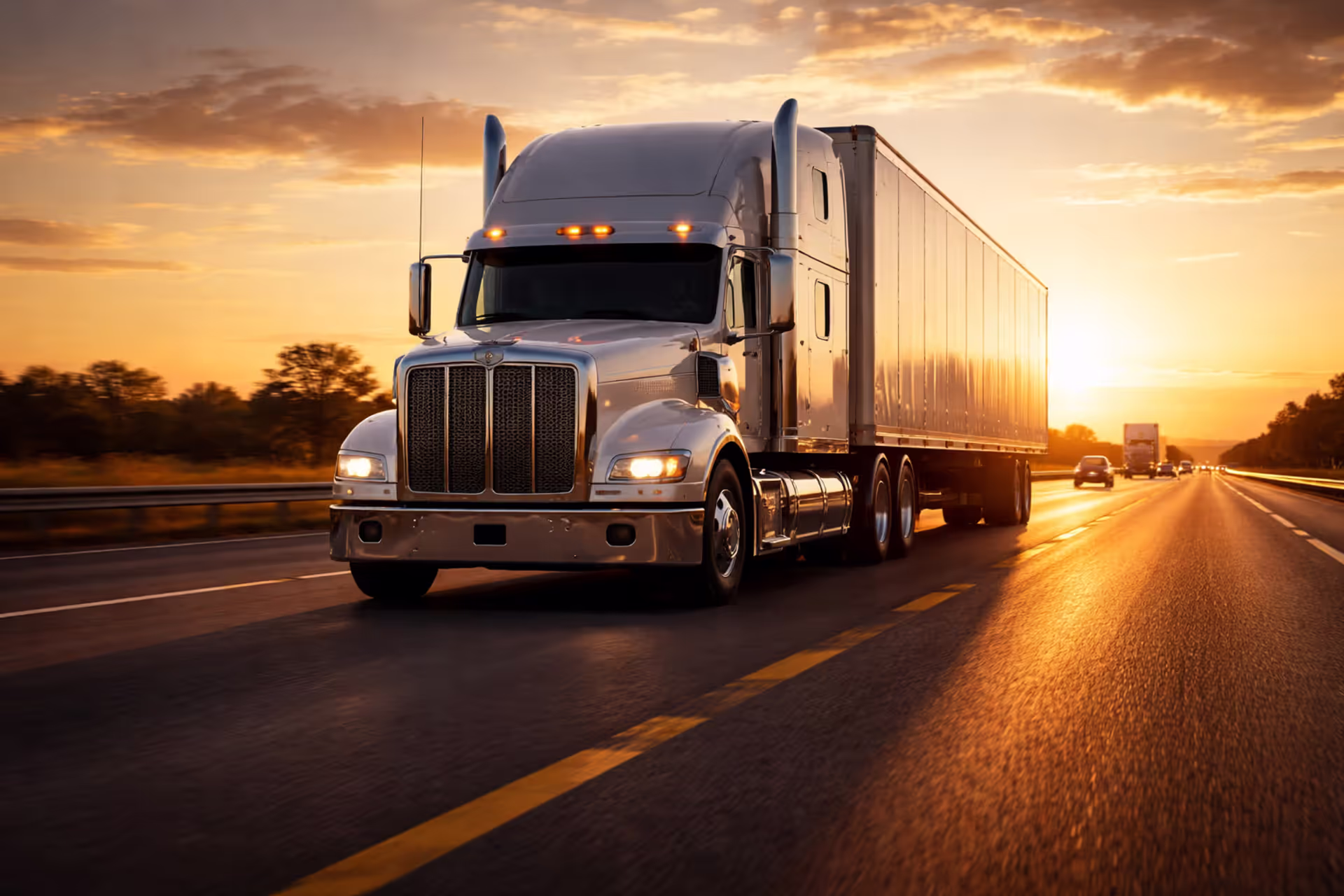 Large 18-wheeler semi-truck driving on a wide highway at sunset with golden light and long shadows on the road